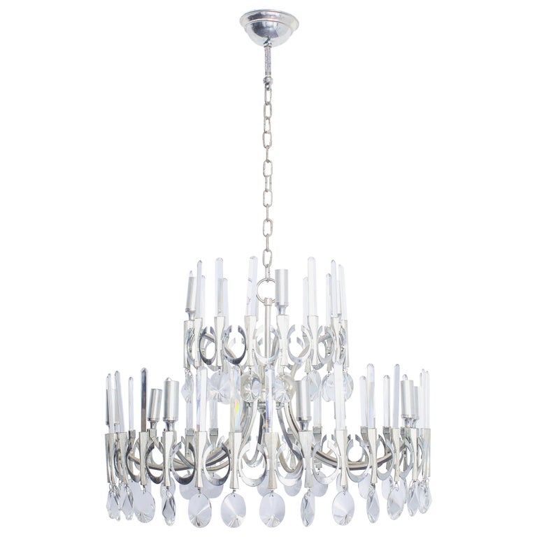 Silver Plated Crystal Chandelier, Gaetano Sciolari Italy 1960