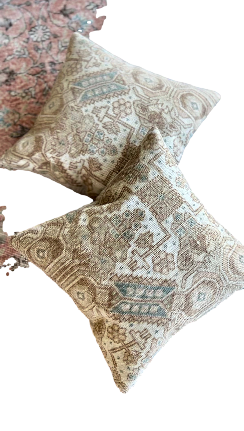Pair of vintage cushions blue and beige
